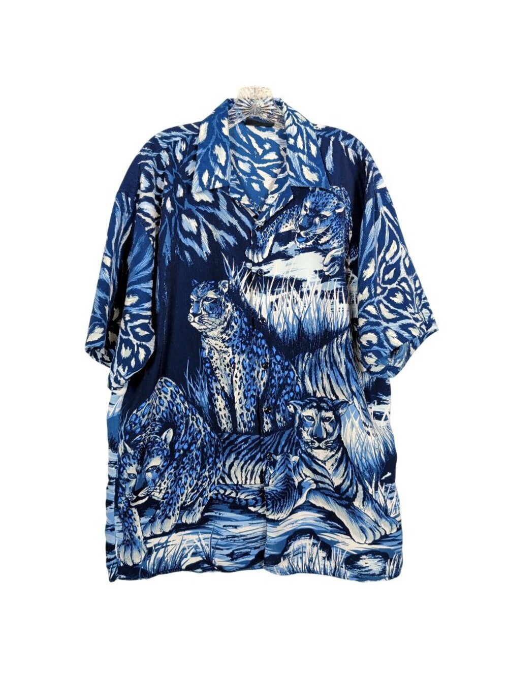 Vintage 90s No Contest Ringo Sport Shirt Mens L Blue Safari Leopard Tiger Y2K